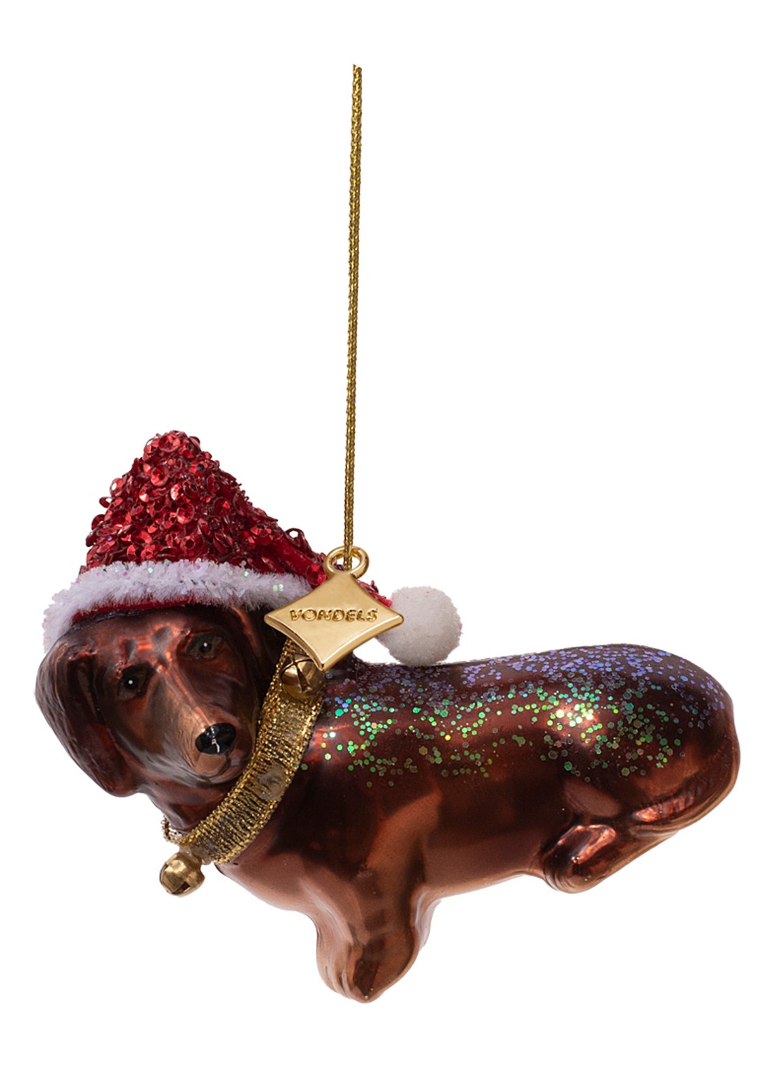 Vondels Teckel met kerstmuts kersthanger 8 cm - voorkant 2 bruin