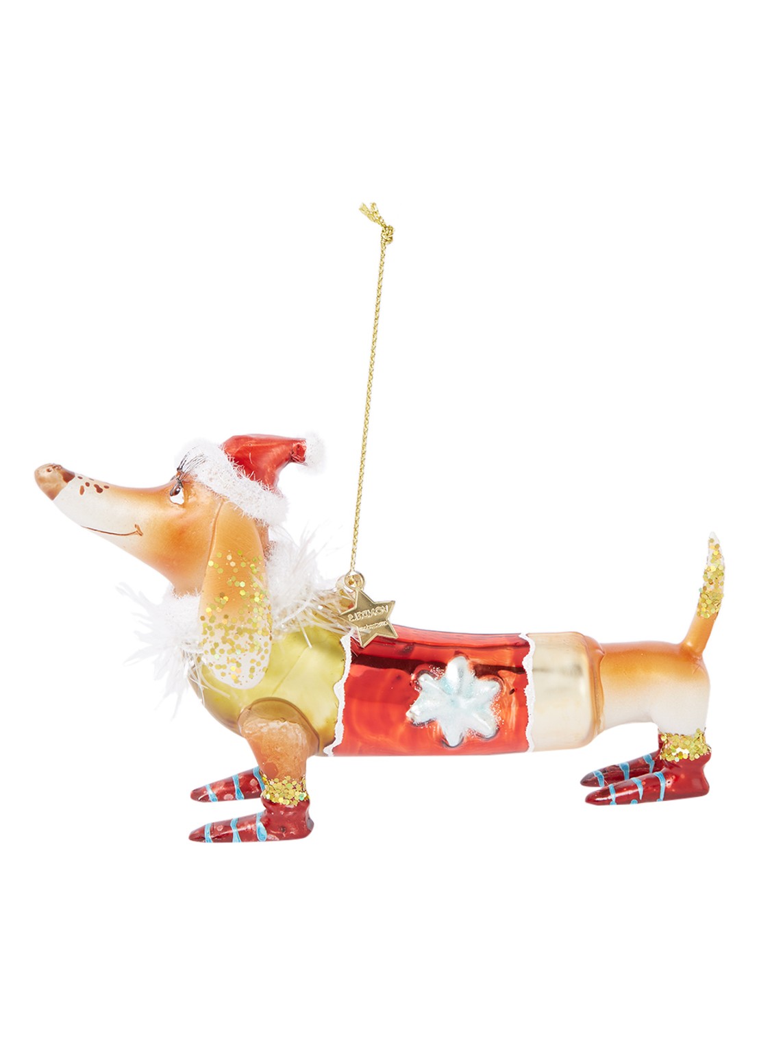 Vondels Teckel Met Kerstmuts kersthanger 9,5 cm - voorkant 2 lichtbruin
