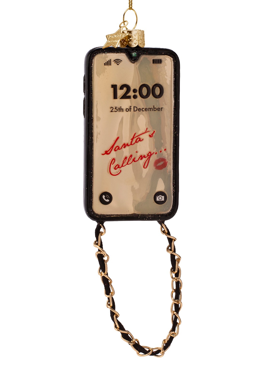 Vondels Telefoon met ketting kersthanger 11 cm - voorkant goud