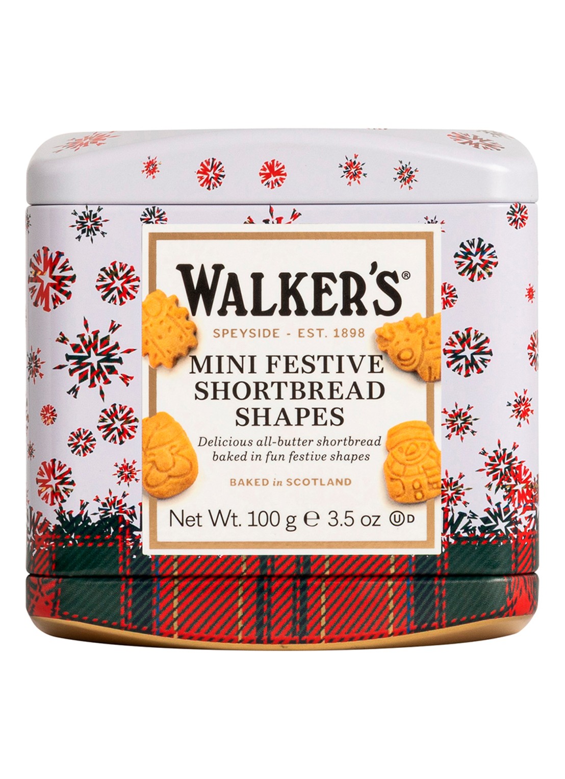 Walkers Mini Shortbread Festive Shapes zandkoekjes in blik 100 gram - voorkant beige