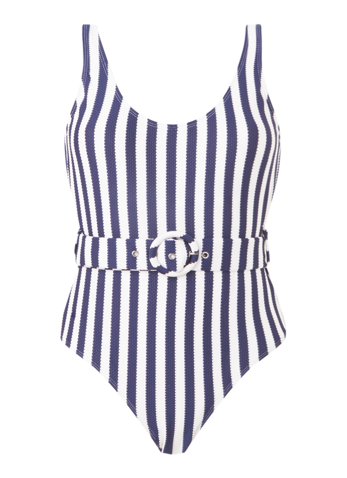 Warehouse Badpak met streepdessin en ceintuur - voorkant 3 blauw