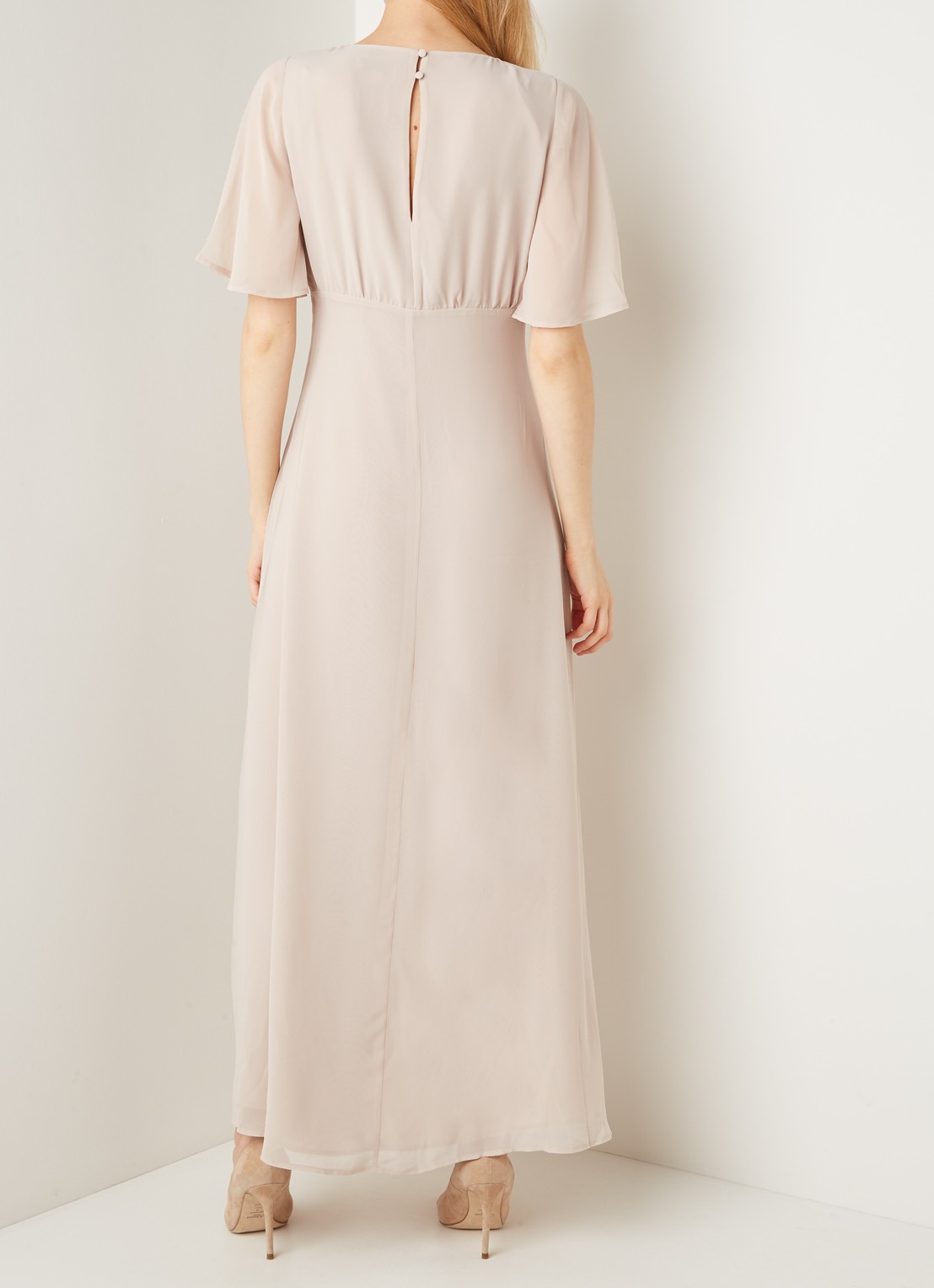 Warehouse Maxi jurk met vlindermouw en keyhole - achterkant taupe