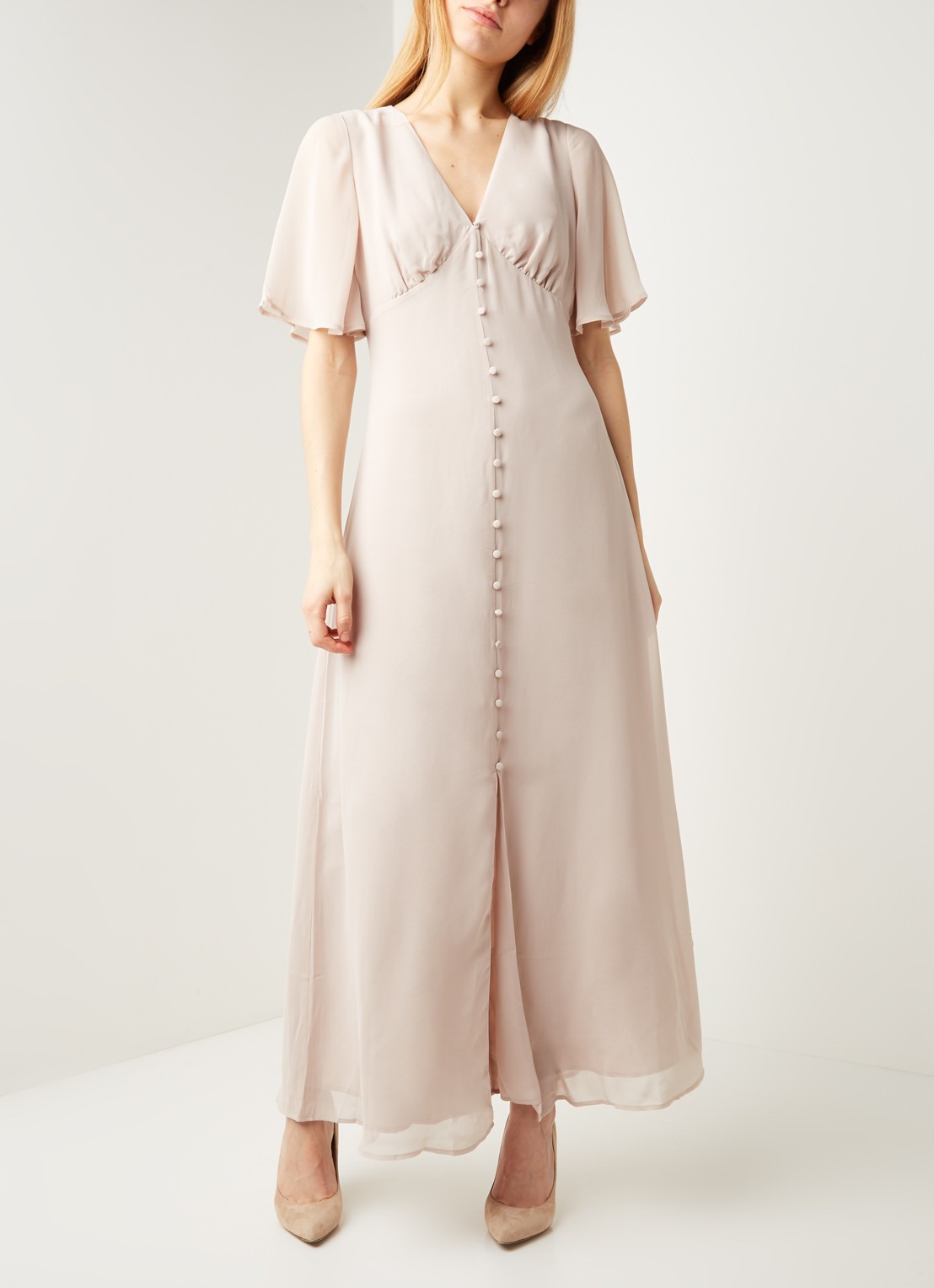 Warehouse Maxi jurk met vlindermouw en keyhole - detail 2 taupe