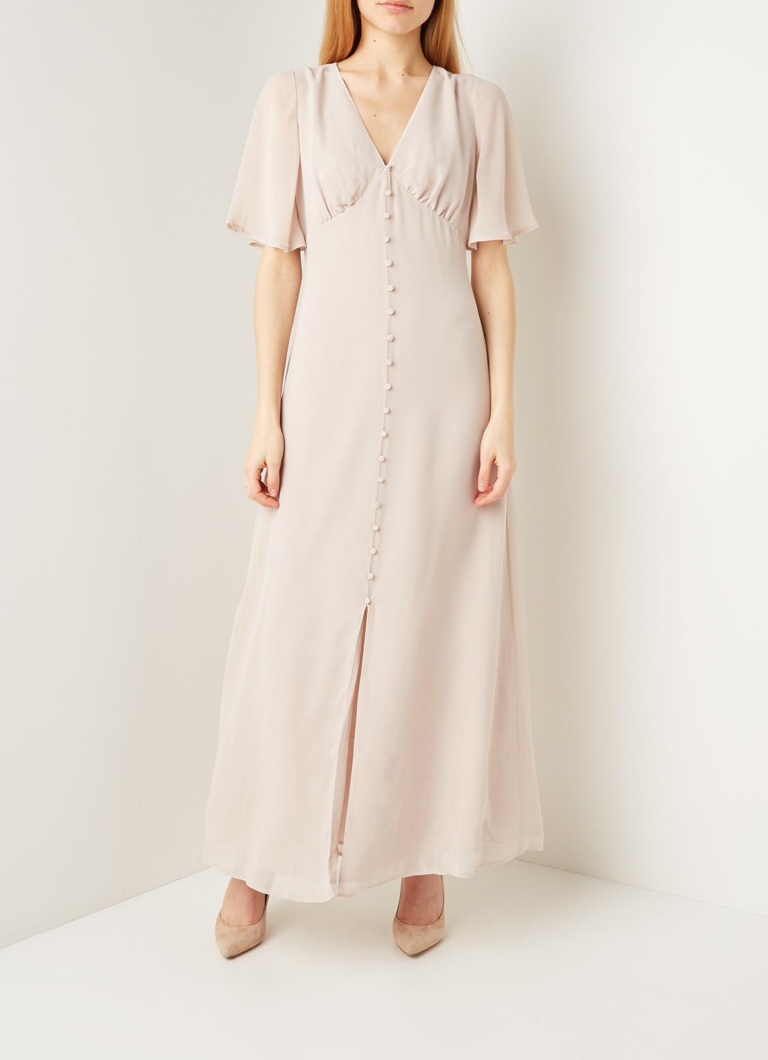 Warehouse Maxi jurk met vlindermouw en keyhole - voorkant 4 taupe