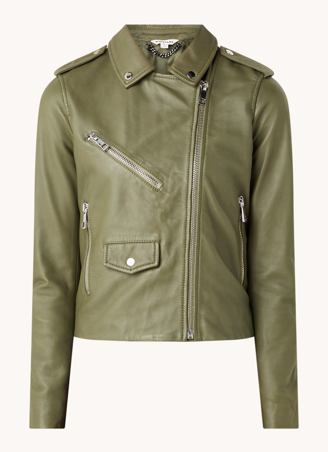 Whistles Agnes cropped bikerjack van schapenleer - voorkant mosgroen