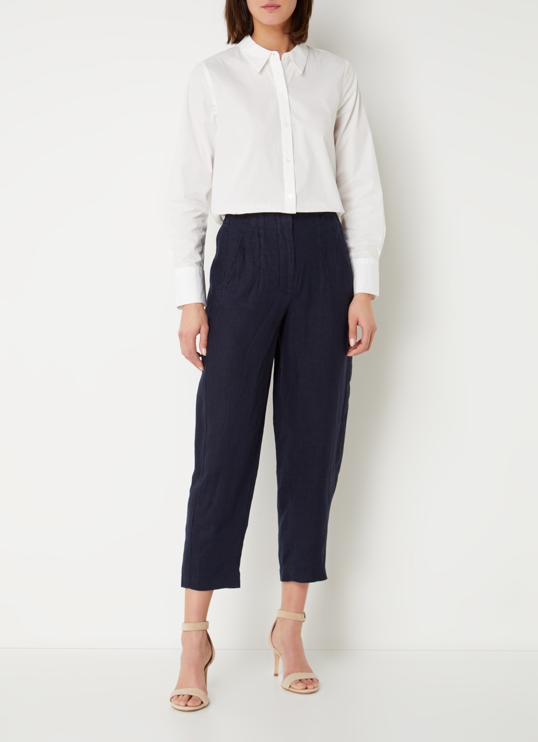 Whistles Barrel high waist cropped tapered fit broek van linnen - voorkant 5 indigo