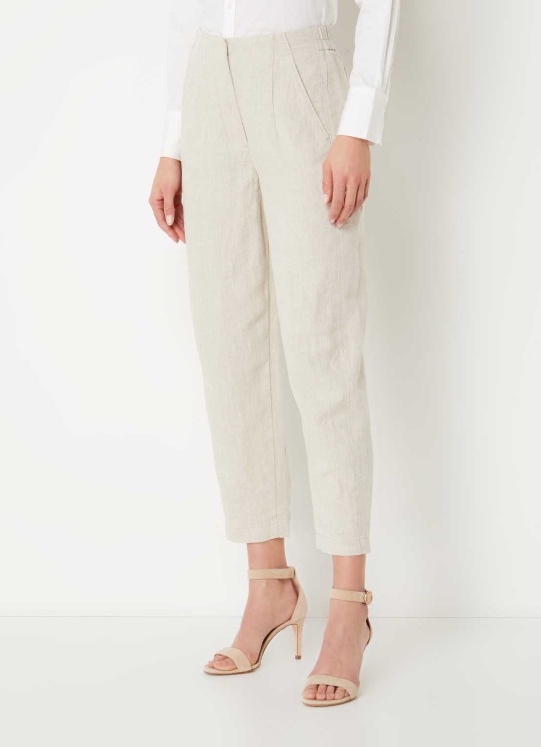 Whistles Barrel mid waist cropped tapered pantalon van linnen met steekzakken - detail 4 beige