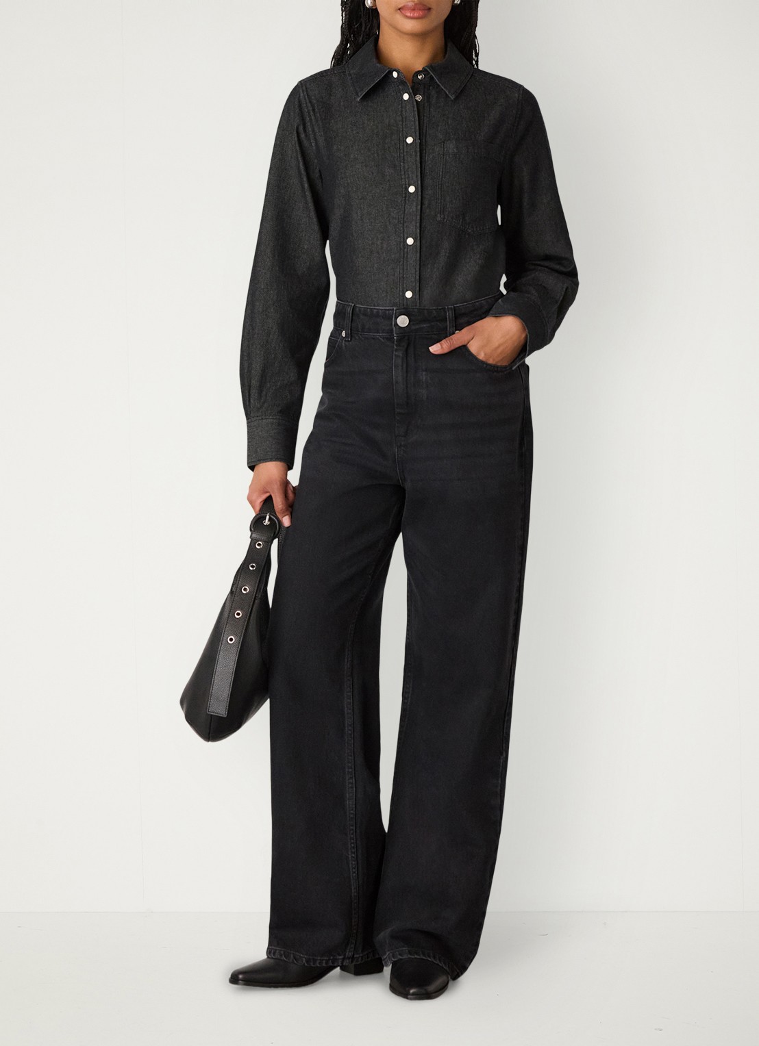 Whistles Blouse van denim met borstzak - voorkant 4 donkergrijs