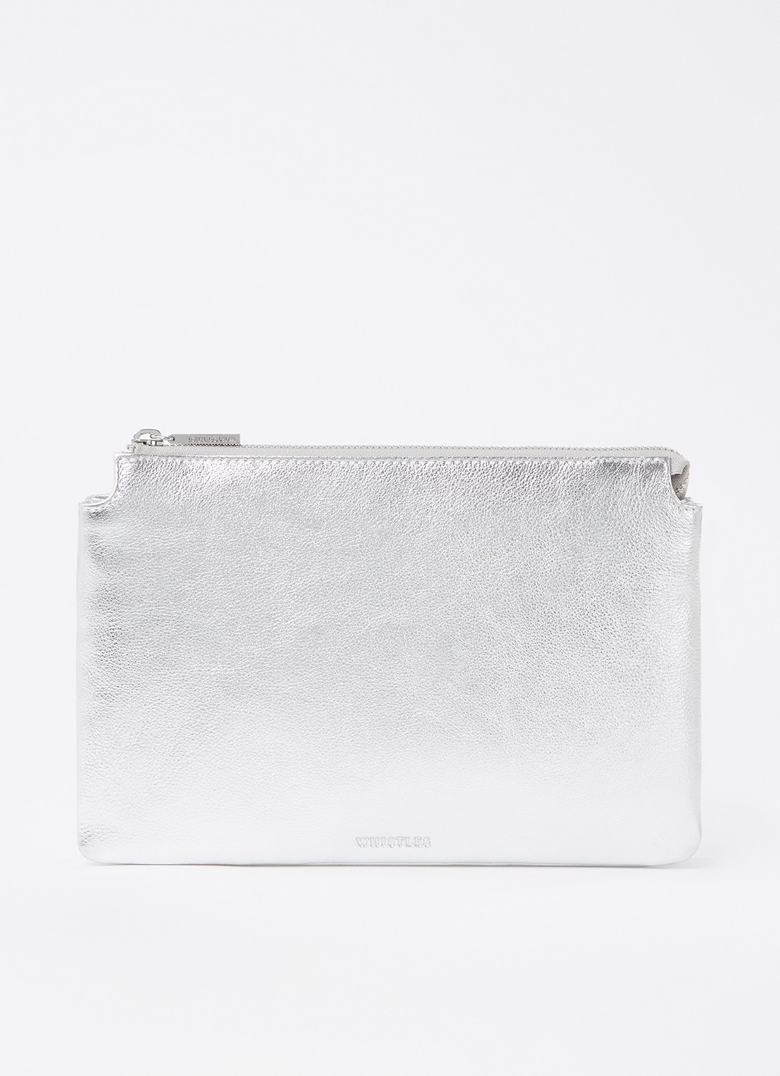 Whistles Clutch van leer met metallic finish  - voorkant 2 zilver