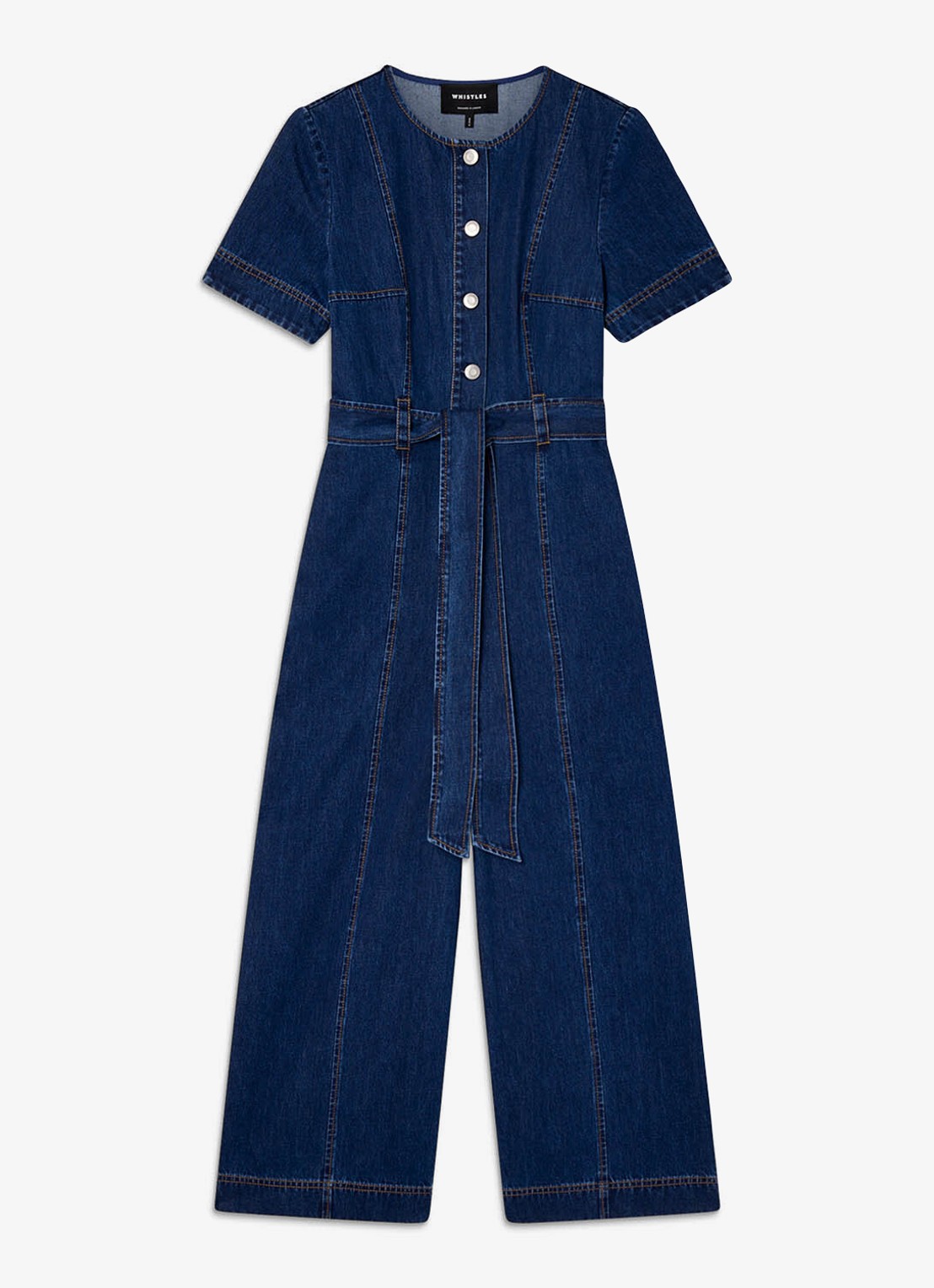 Whistles Cropped wide fit jumpsuit met strikceintuur - voorkant 5 indigo