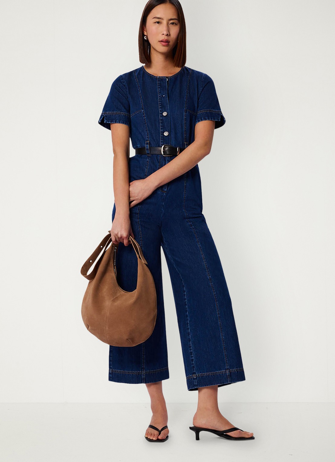 Whistles Cropped wide fit jumpsuit met strikceintuur - voorkant 6 indigo