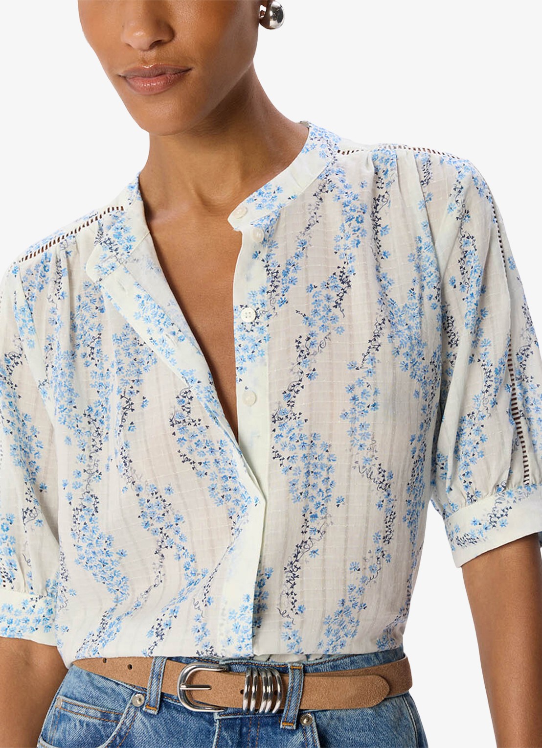 Whistles Ditsy Stem blouse met print en pofmouw - detail 4 lichtblauw