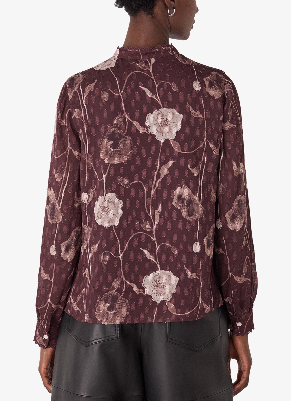 Whistles Dobby blouse met bloemenprint - achterkant 2 bordeauxrood