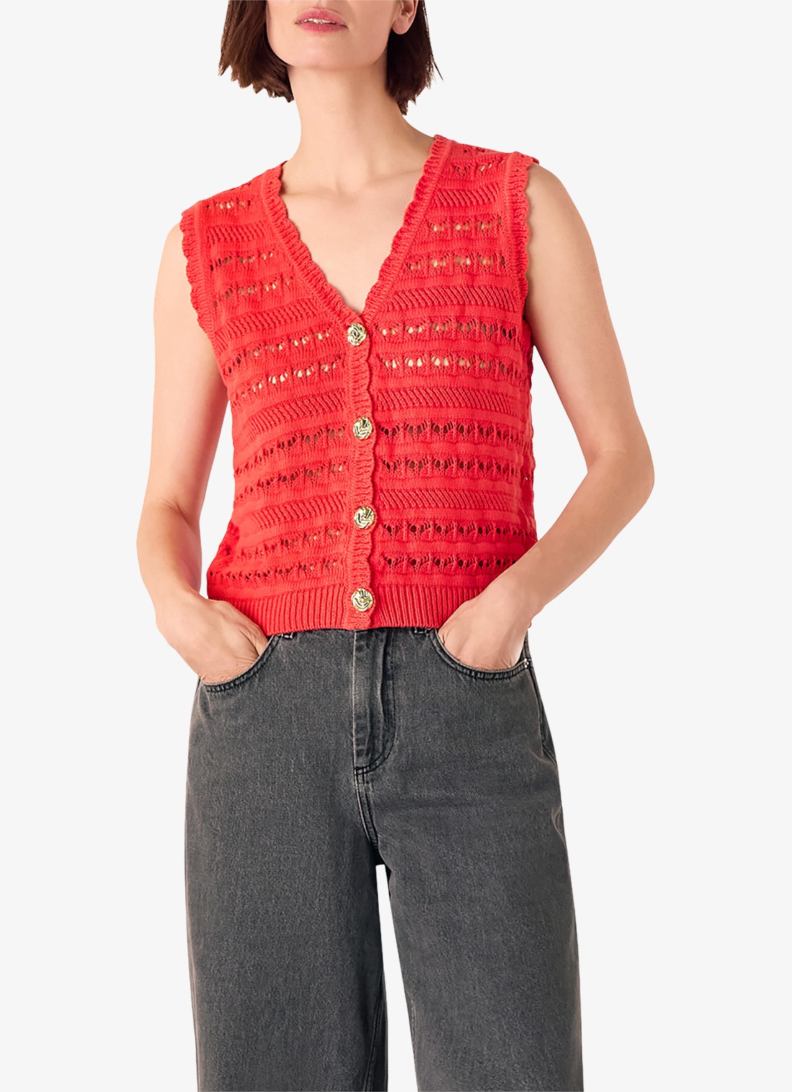 Whistles Fijngebreide top met opengewerkt dessin - detail 3 steenrood
