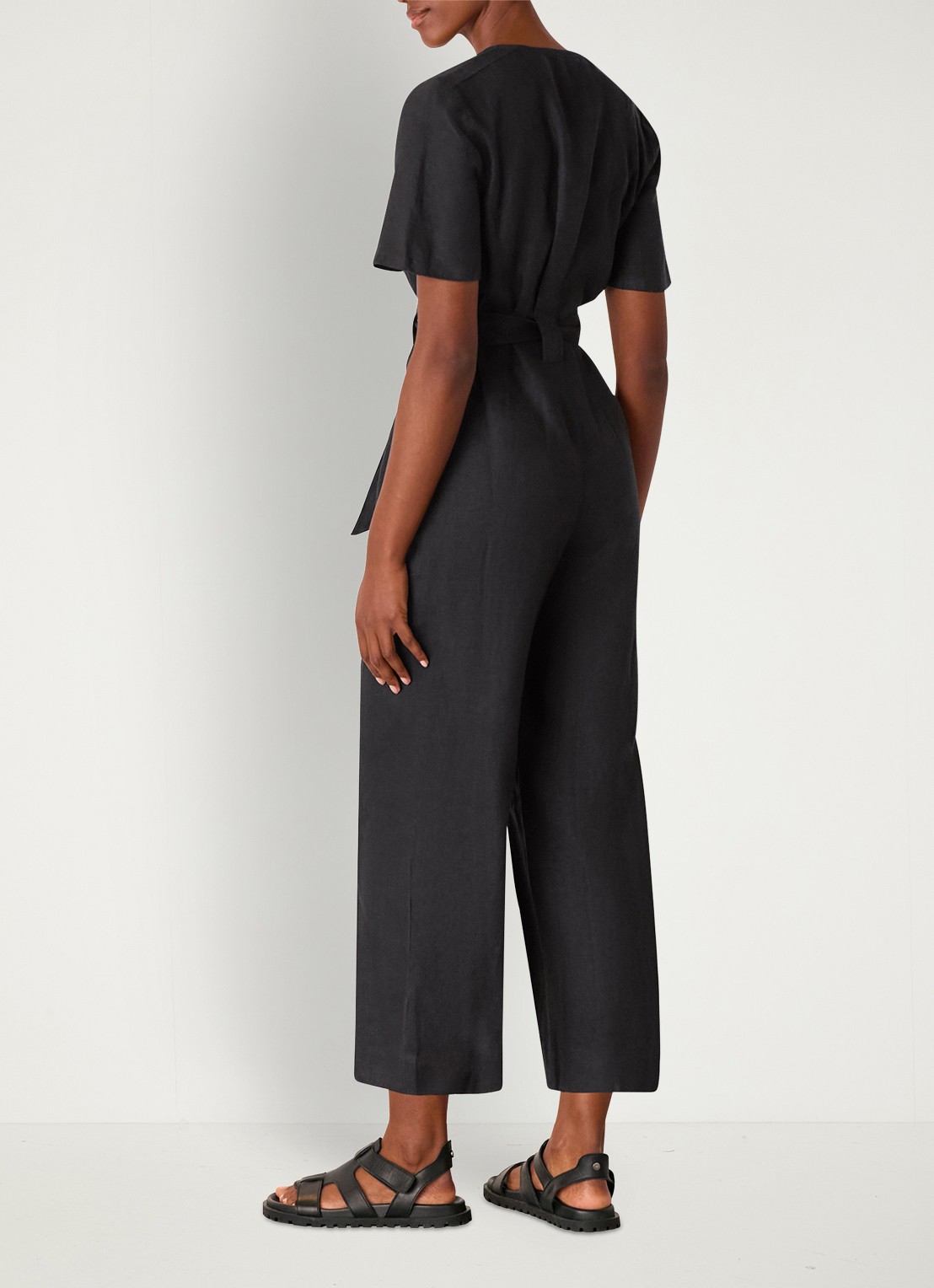 Whistles Fiona loose fit jumpsuit van linnen met strikceintuur - achterkant 4 zwart