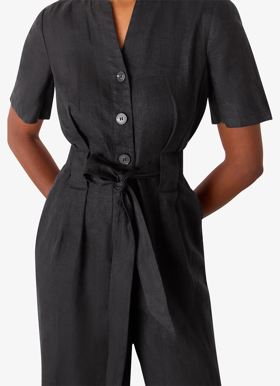 Whistles Fiona loose fit jumpsuit van linnen met strikceintuur - detail zwart