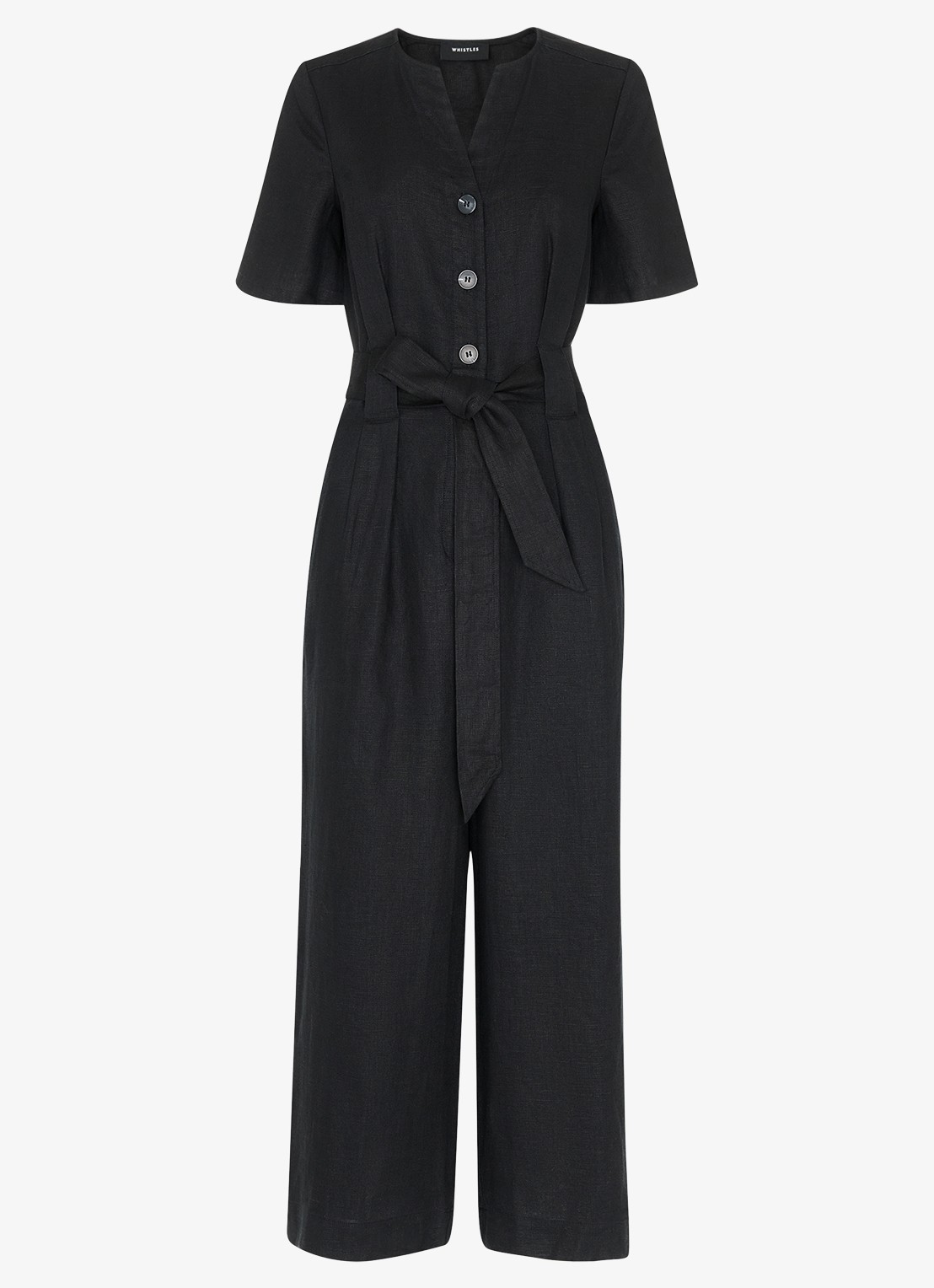 Whistles Fiona loose fit jumpsuit van linnen met strikceintuur - voorkant 2 zwart