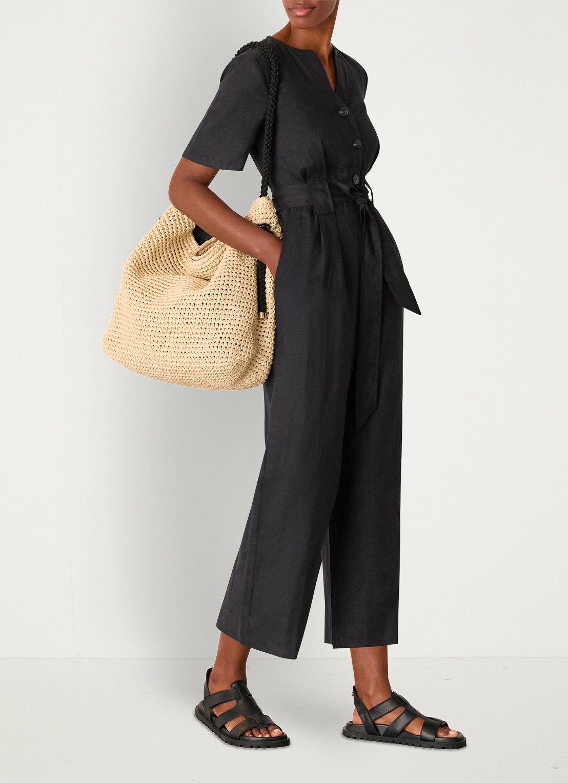 Whistles Fiona loose fit jumpsuit van linnen met strikceintuur - voorkant 3 zwart
