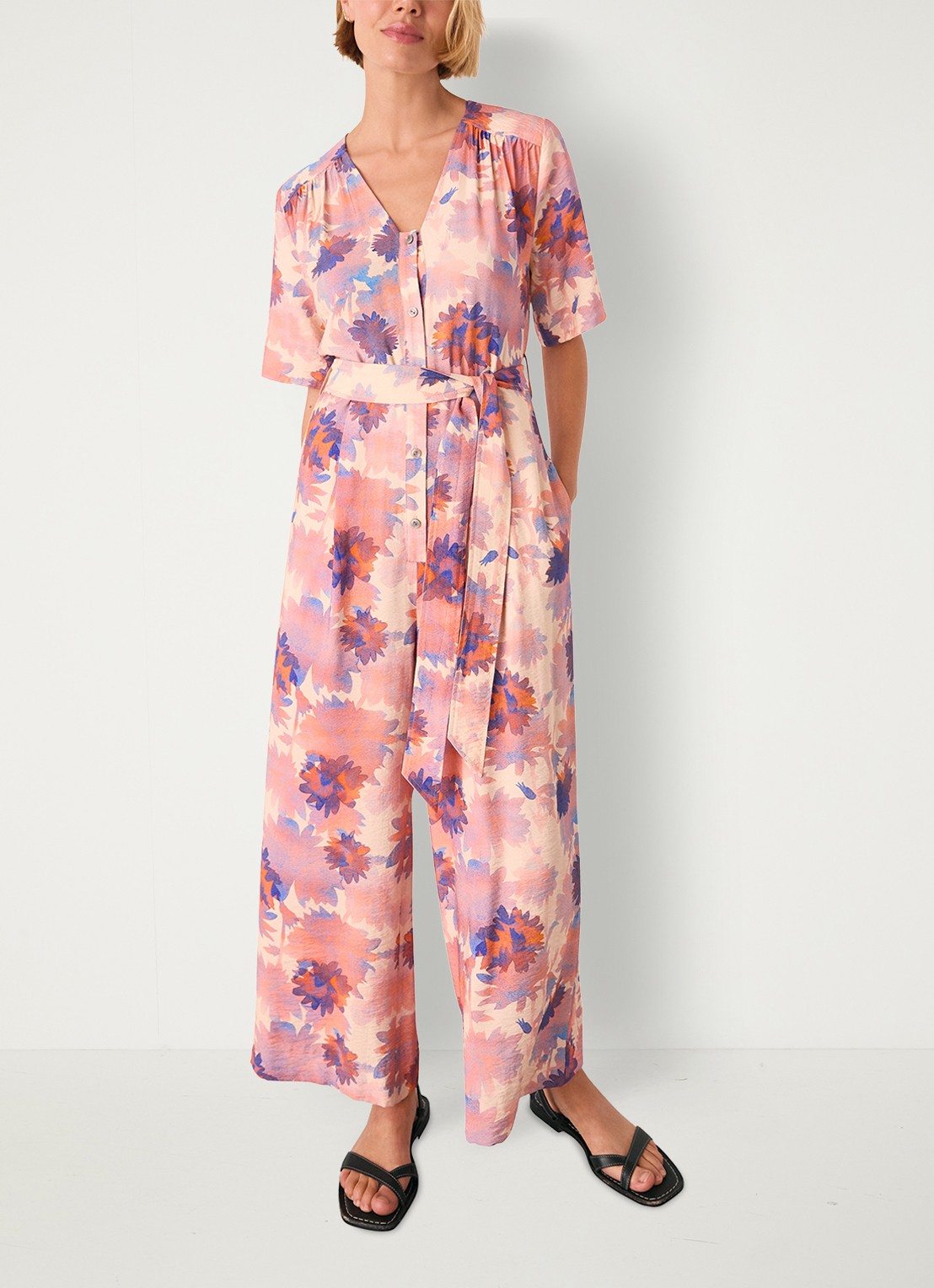 Whistles Floral loose fit jumpsuit met print en ceintuur - detail 3 roze