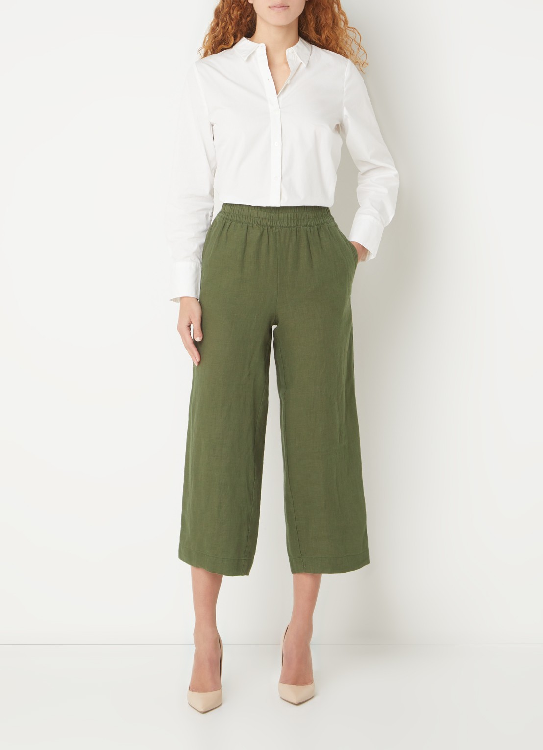 Whistles High waist loose fit culotte van linnen met steekzakken - voorkant 2 legergroen