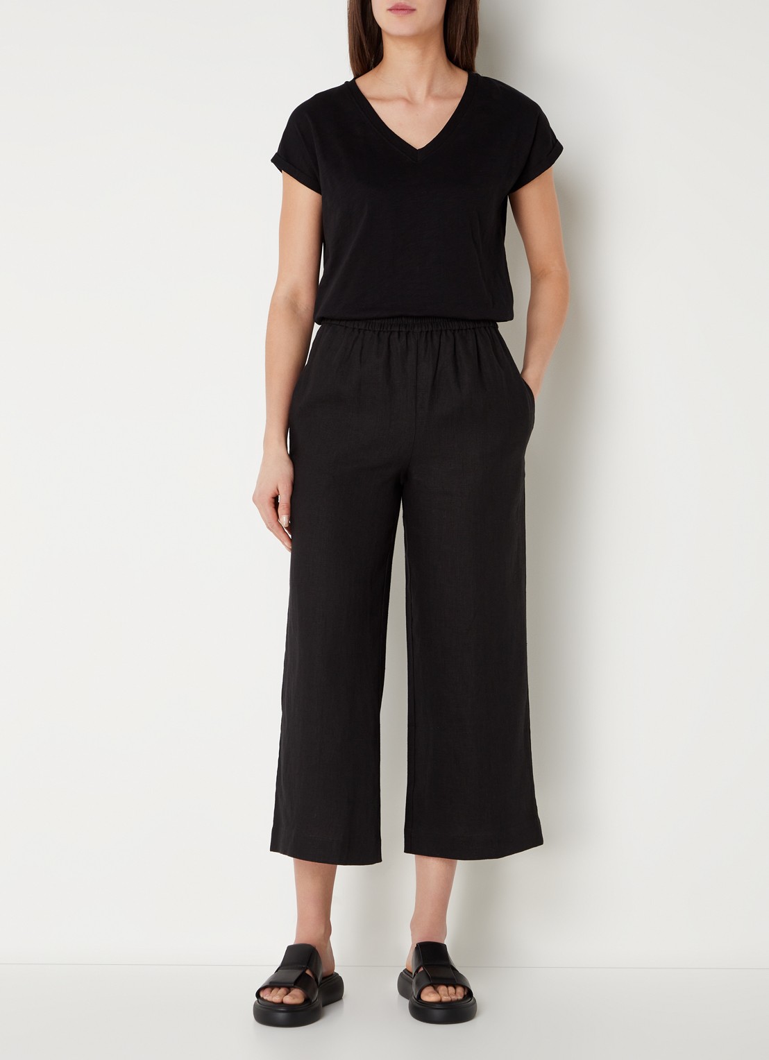 Whistles High waist straight fit cropped pantalon van linnen - voorkant 4 zwart