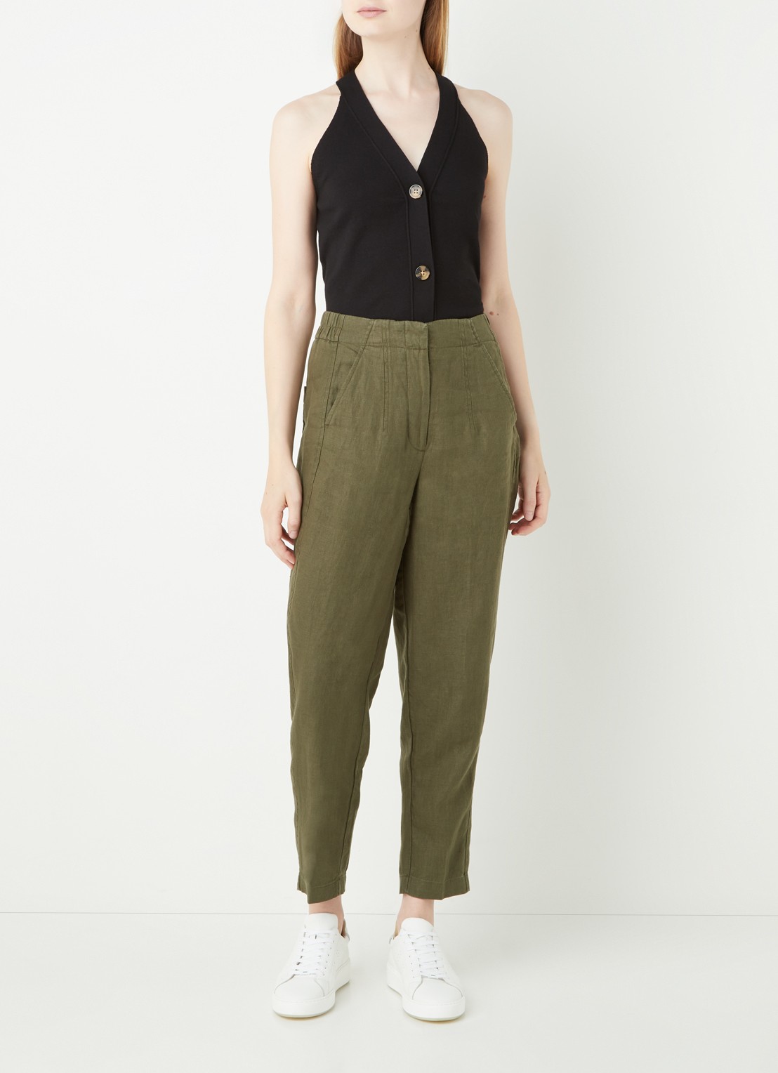 Whistles High waist tapered fit pantalon van linnen  - voorkant 2 legergroen