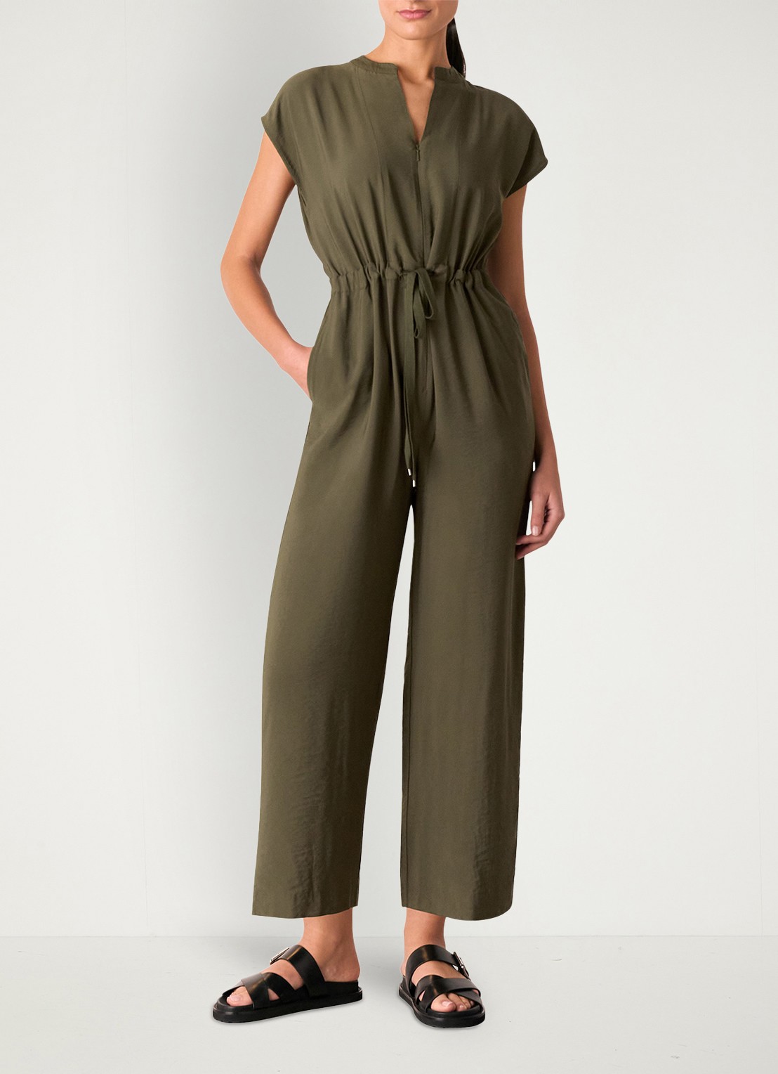 Whistles Hollie loose fit jumpsuit met ceintuur - voorkant 4 khaki