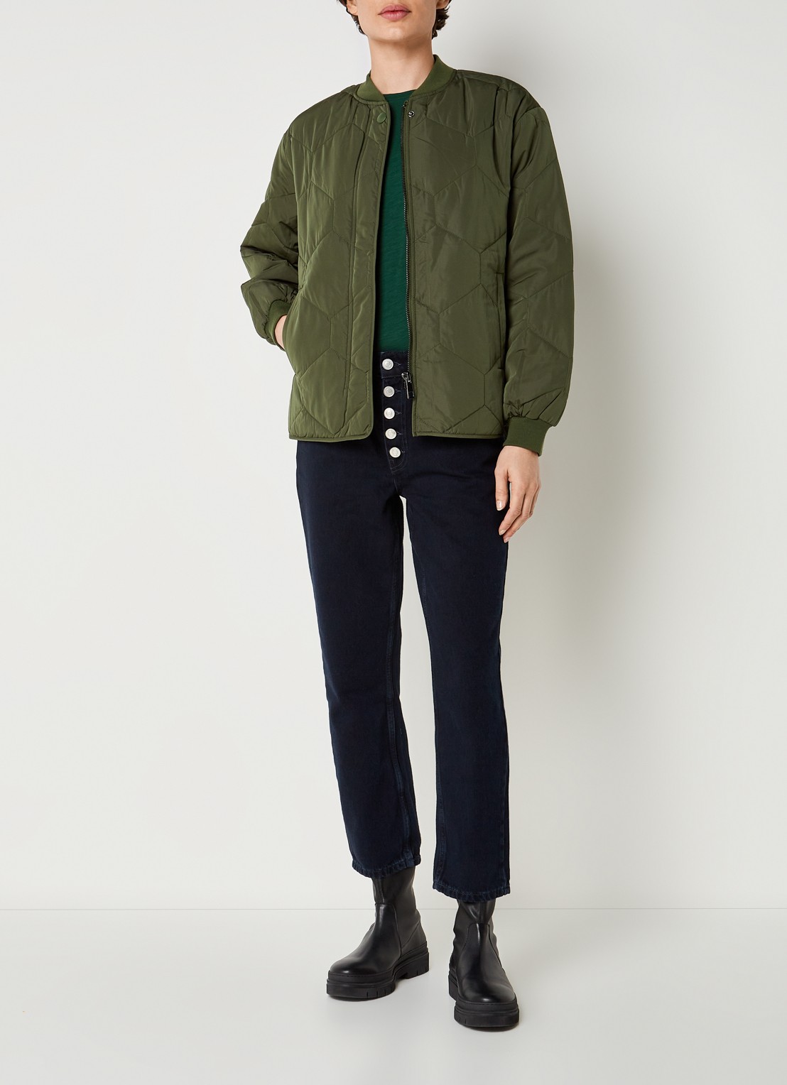 Whistles Ida jack met quilt patroon en steekzakken - voorkant 3 legergroen