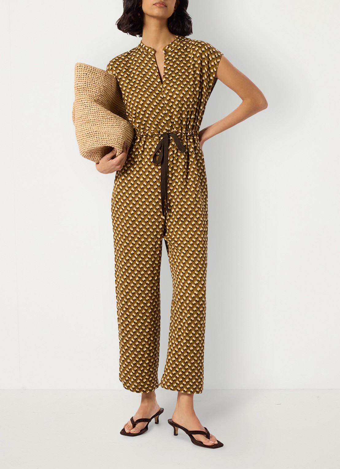 Whistles Ikat straight fit jumpsuit met grafische print - voorkant 3 bronsgroen
