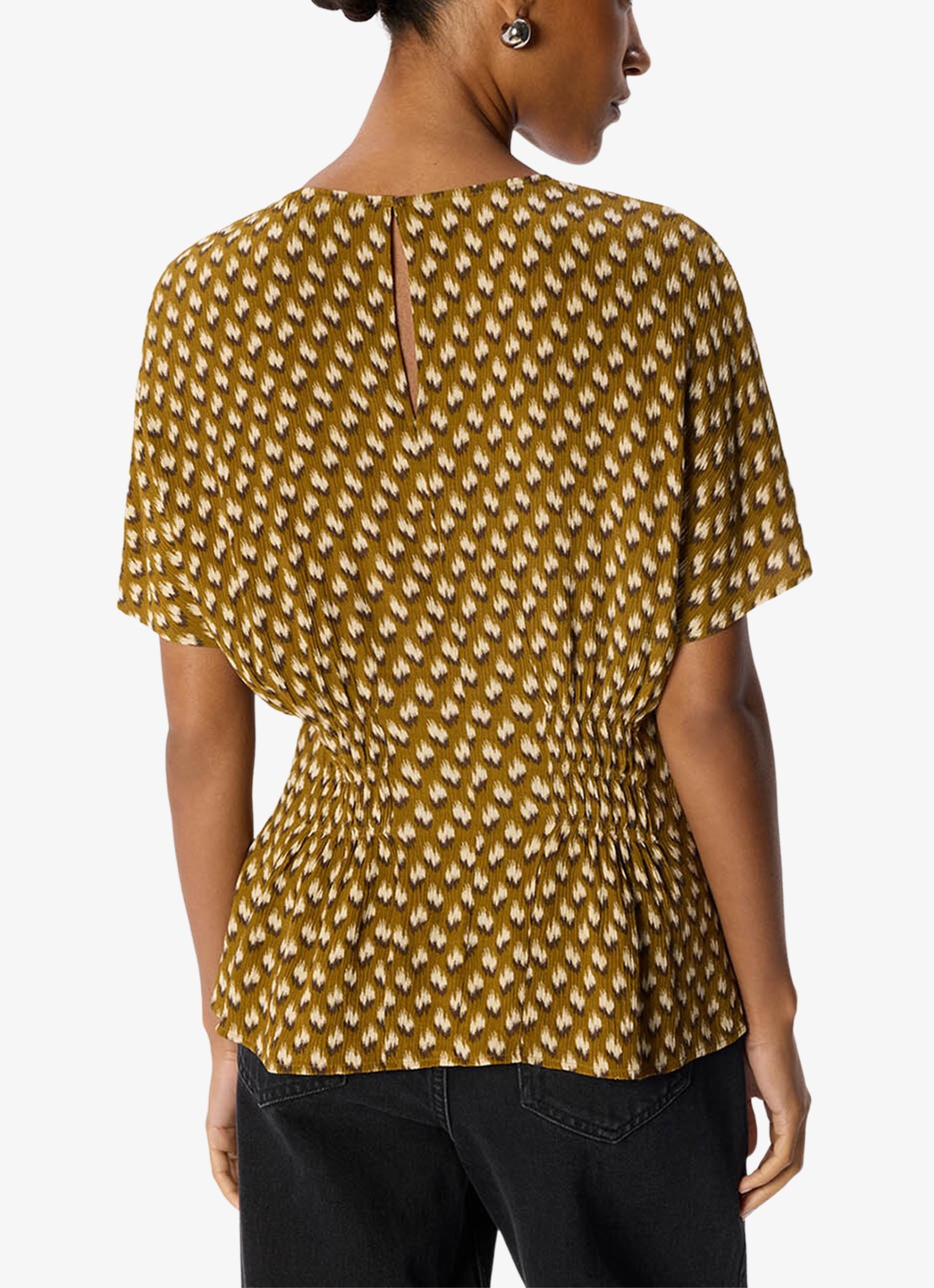 Whistles Ikat top met smockwerk en print - achterkant 4 bronsgroen