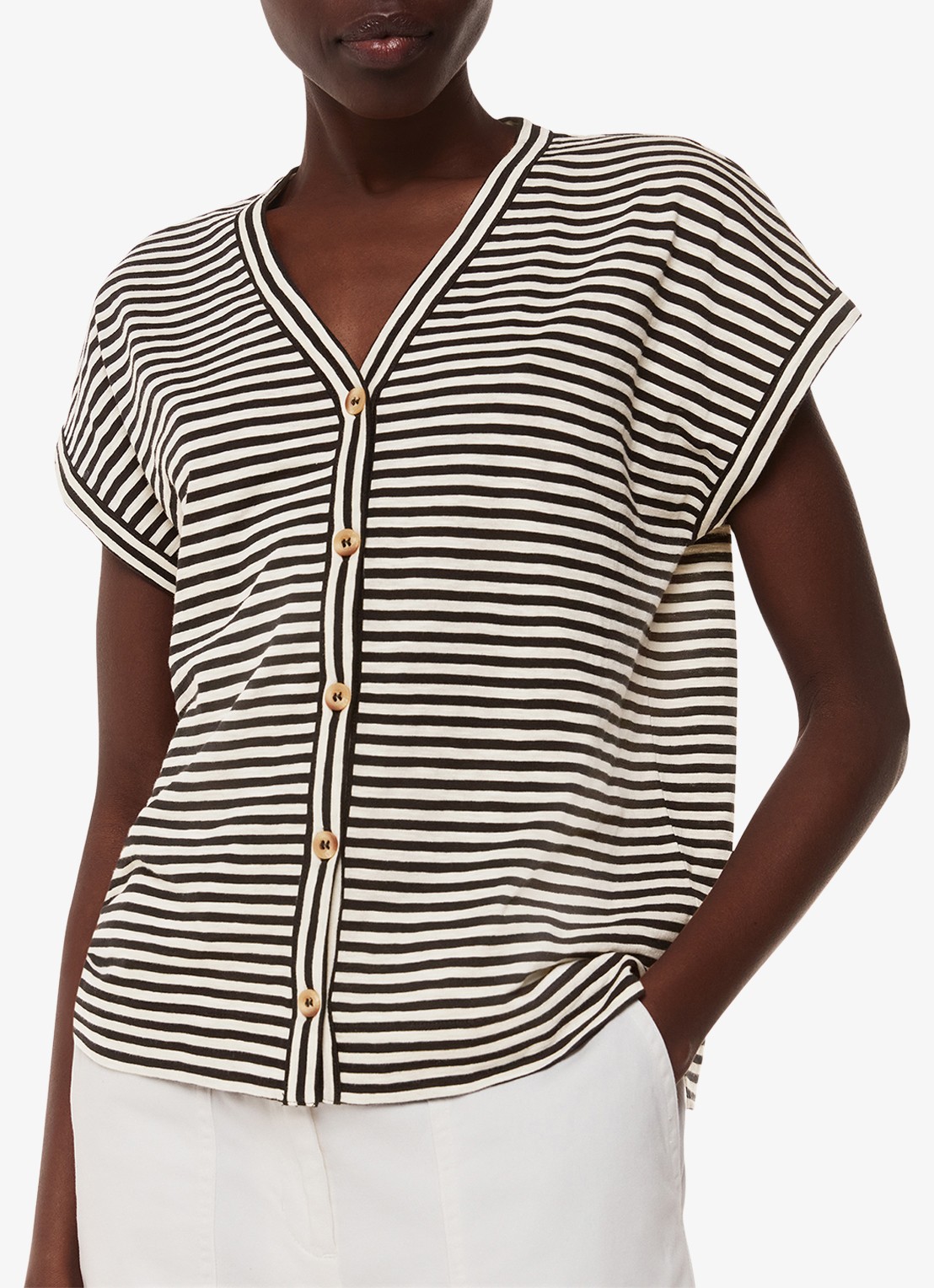 Whistles Jilly top met streepprint en V-hals - detail 2 zwart