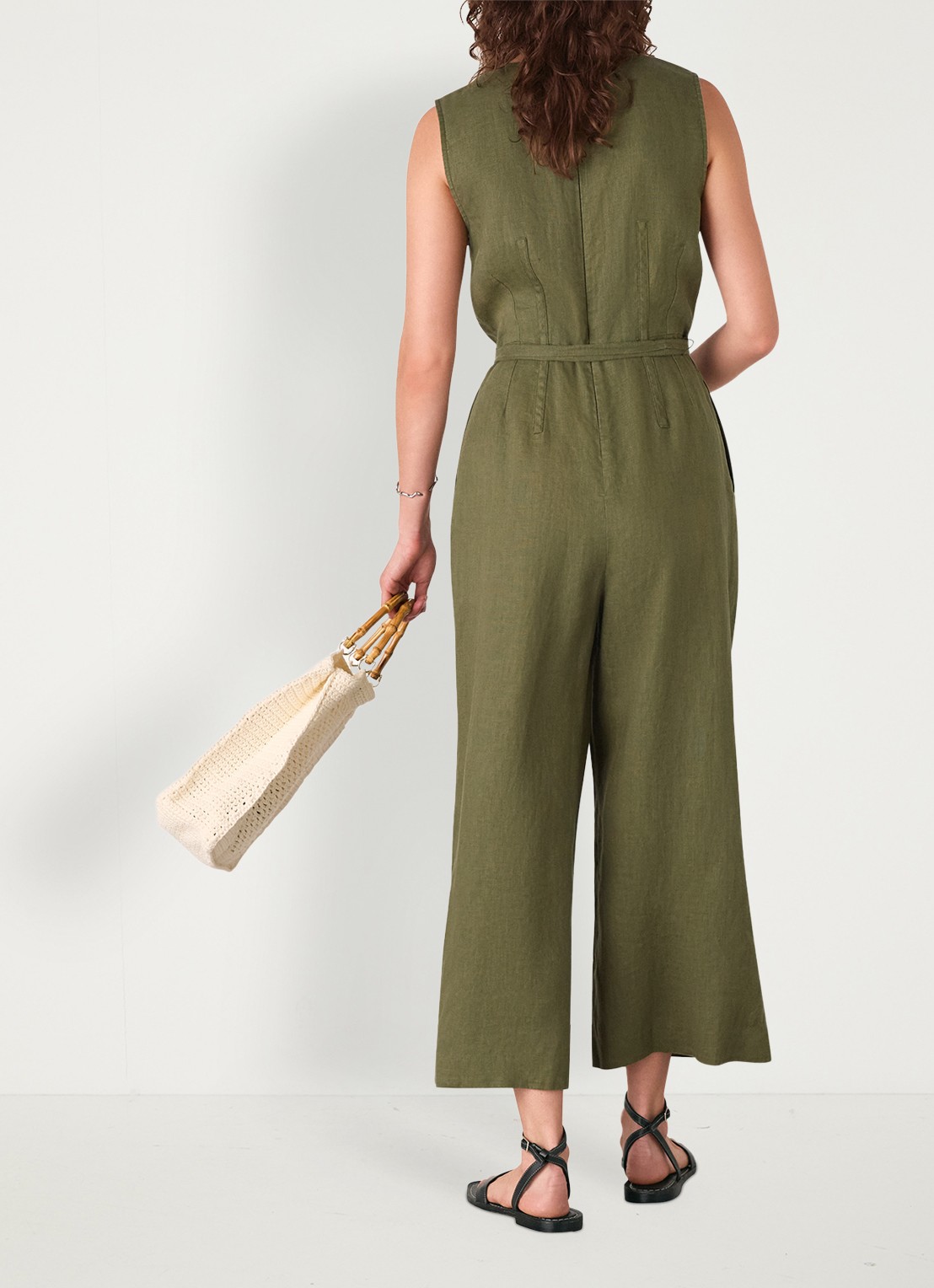 Whistles Jumpsuit van linnen met strikceintuur - achterkant 4 khaki
