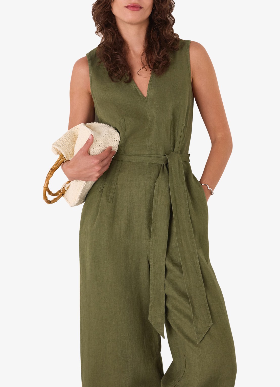 Whistles Jumpsuit van linnen met strikceintuur - detail 3 khaki