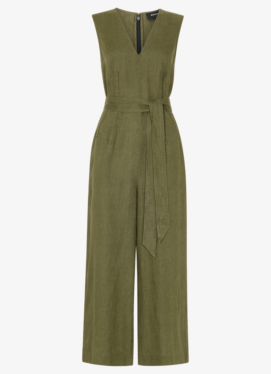 Whistles Jumpsuit van linnen met strikceintuur - voorkant khaki