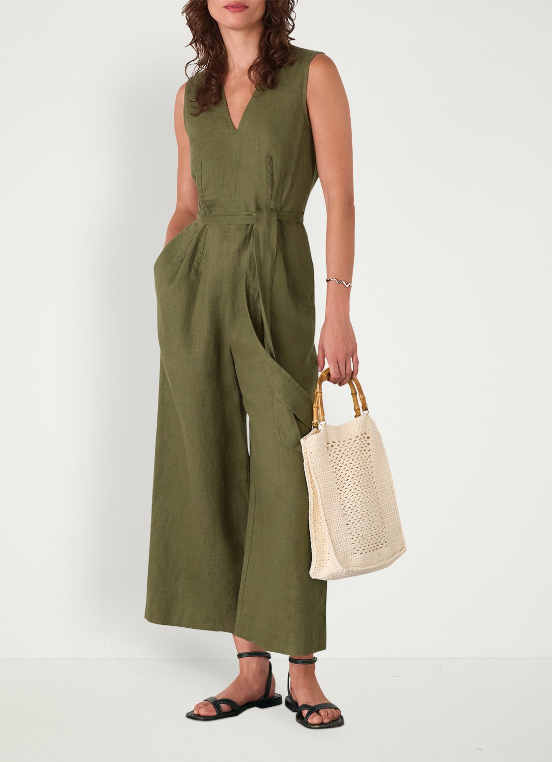 Whistles Jumpsuit van linnen met strikceintuur - voorkant 2 khaki