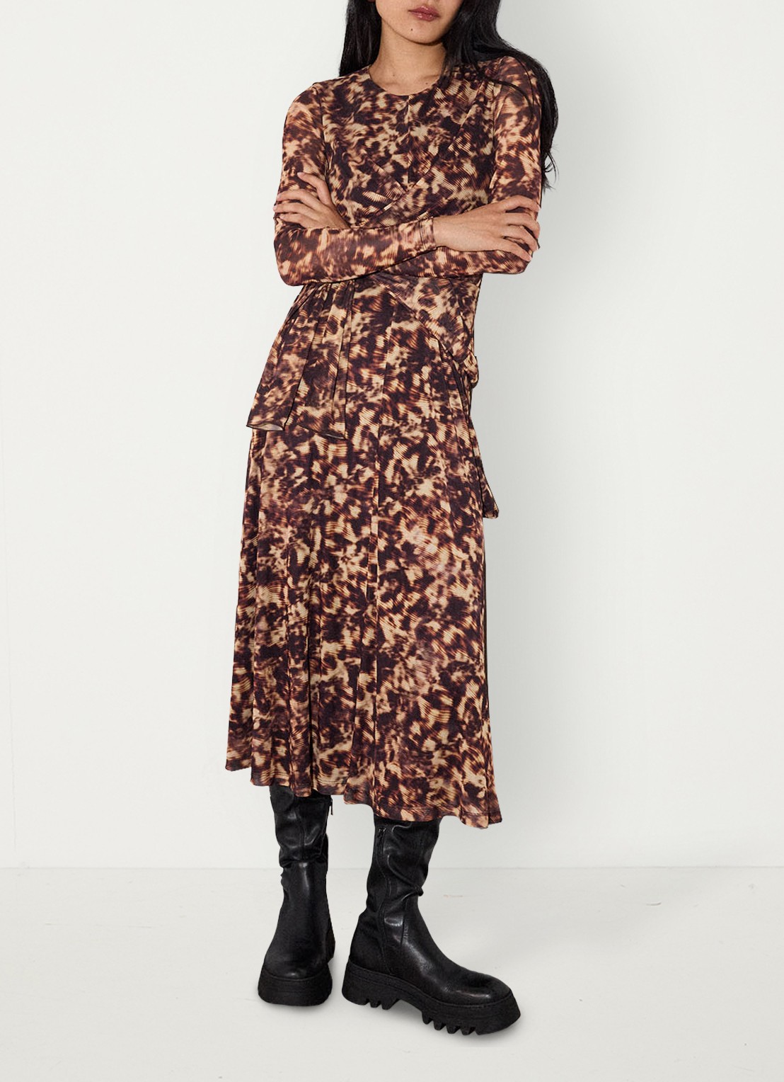 Whistles Jurk van mesh met plooien en dierenprint - detail bruin