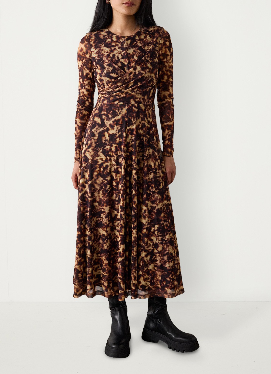 Whistles Jurk van mesh met plooien en dierenprint - voorkant 6 bruin