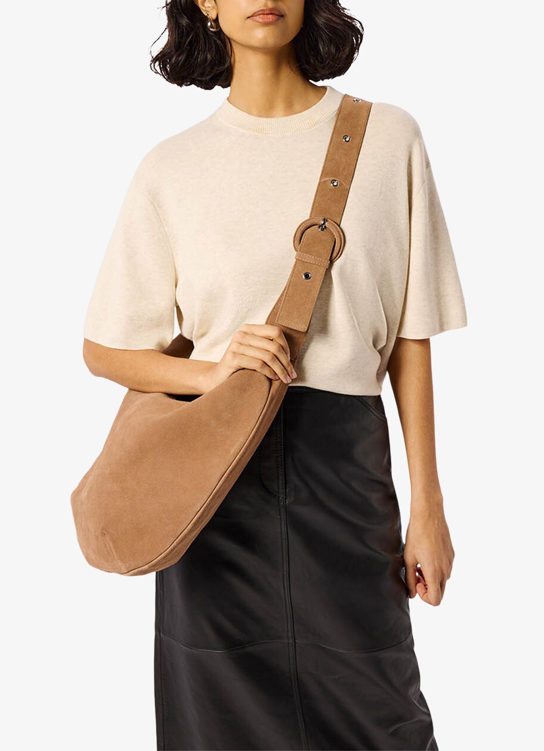 Whistles Large Sia crossbodytas van suède - voorkant 5 lichtbruin