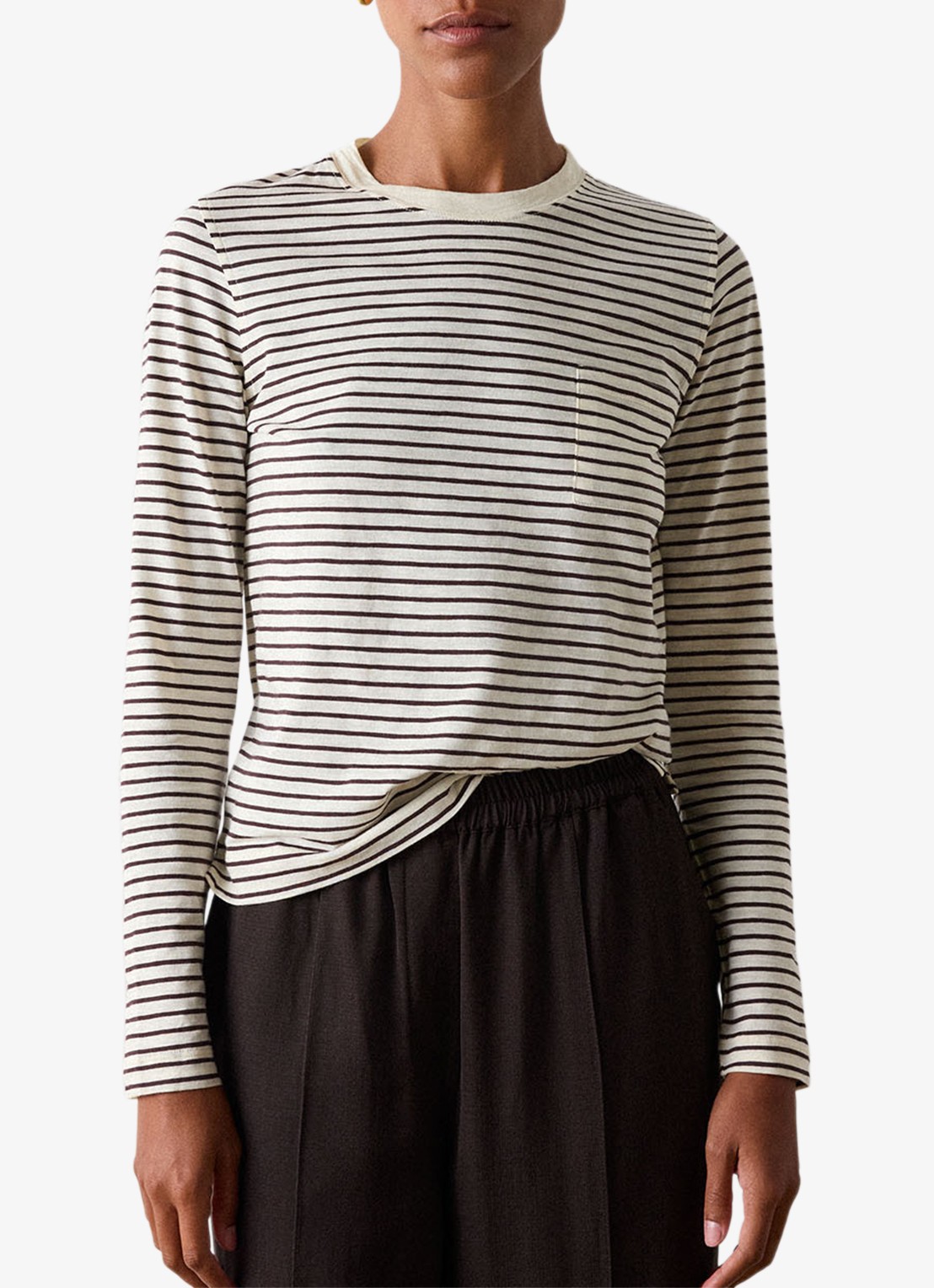Whistles Longsleeve met streepprint en opgestikte zak - voorkant 2 beige