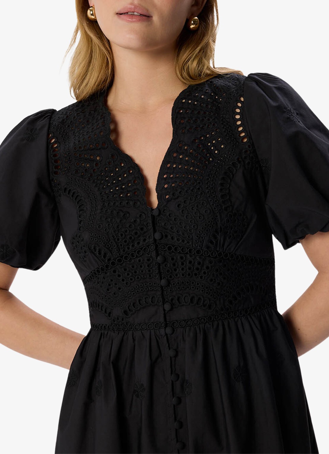 Whistles Midi blousejurk met broderie en pofmouw - detail 3 zwart