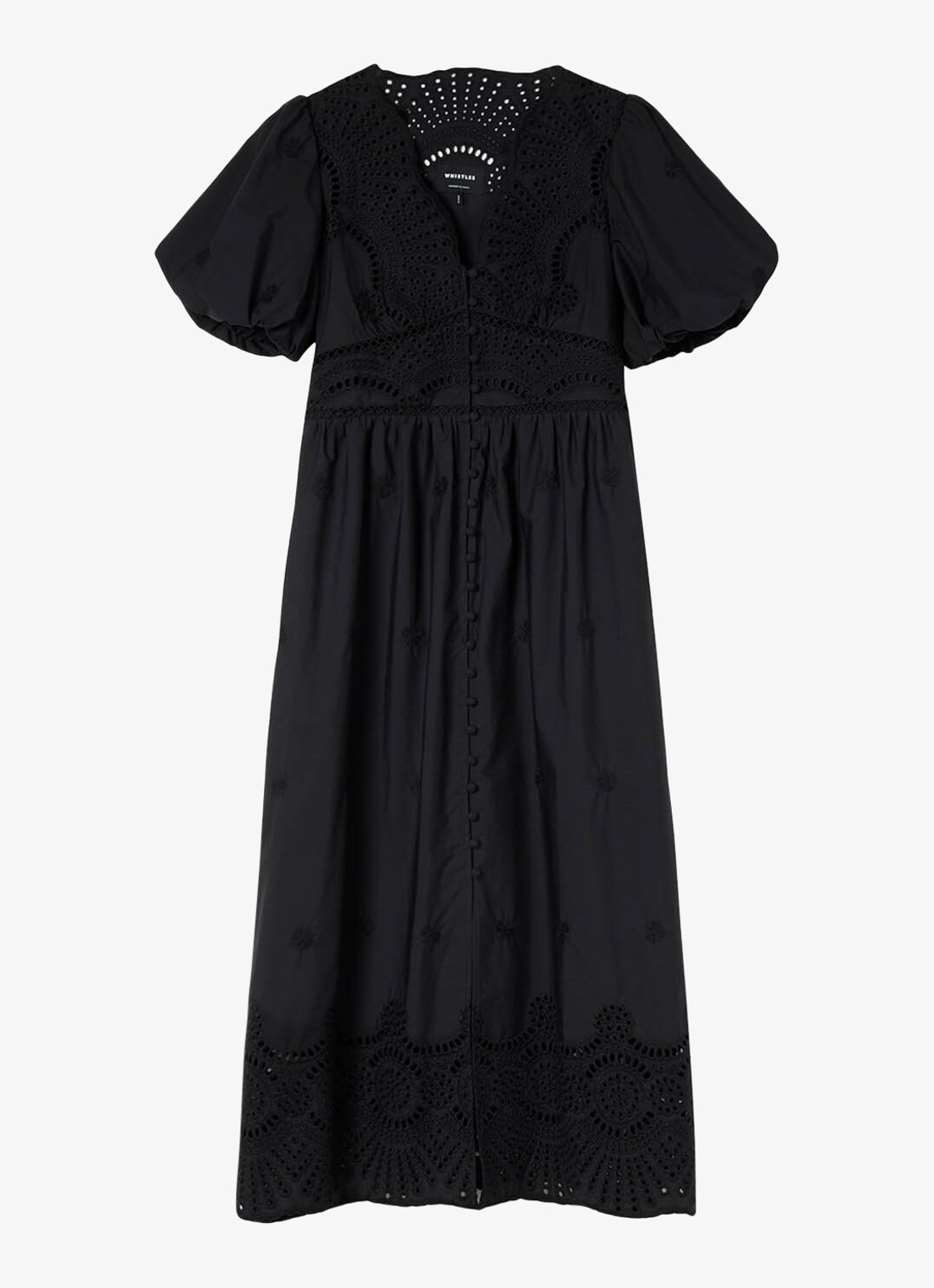 Whistles Midi blousejurk met broderie en pofmouw - voorkant zwart