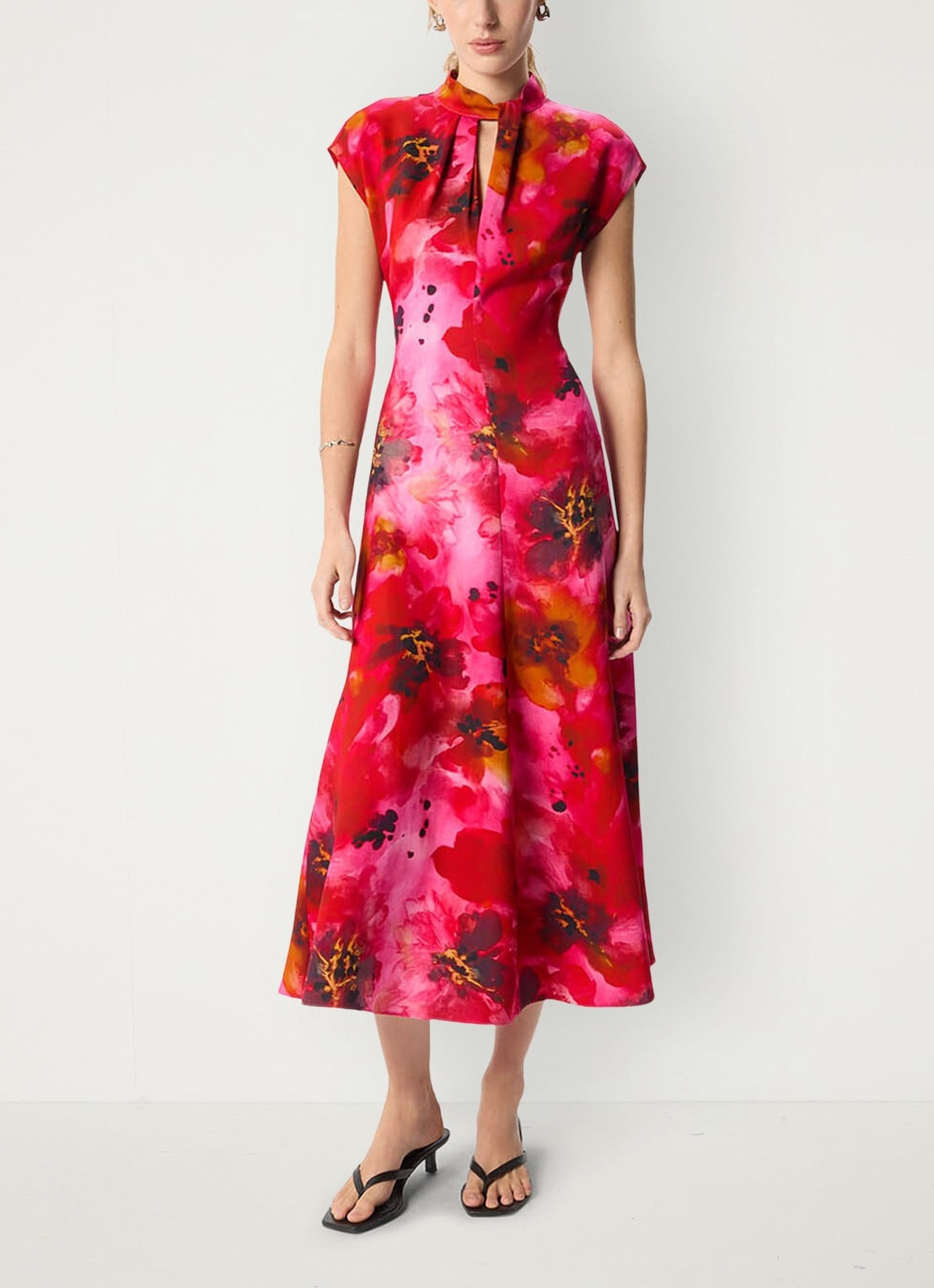 Whistles Midi jurk met bloemenprint - voorkant 6 donkerroze
