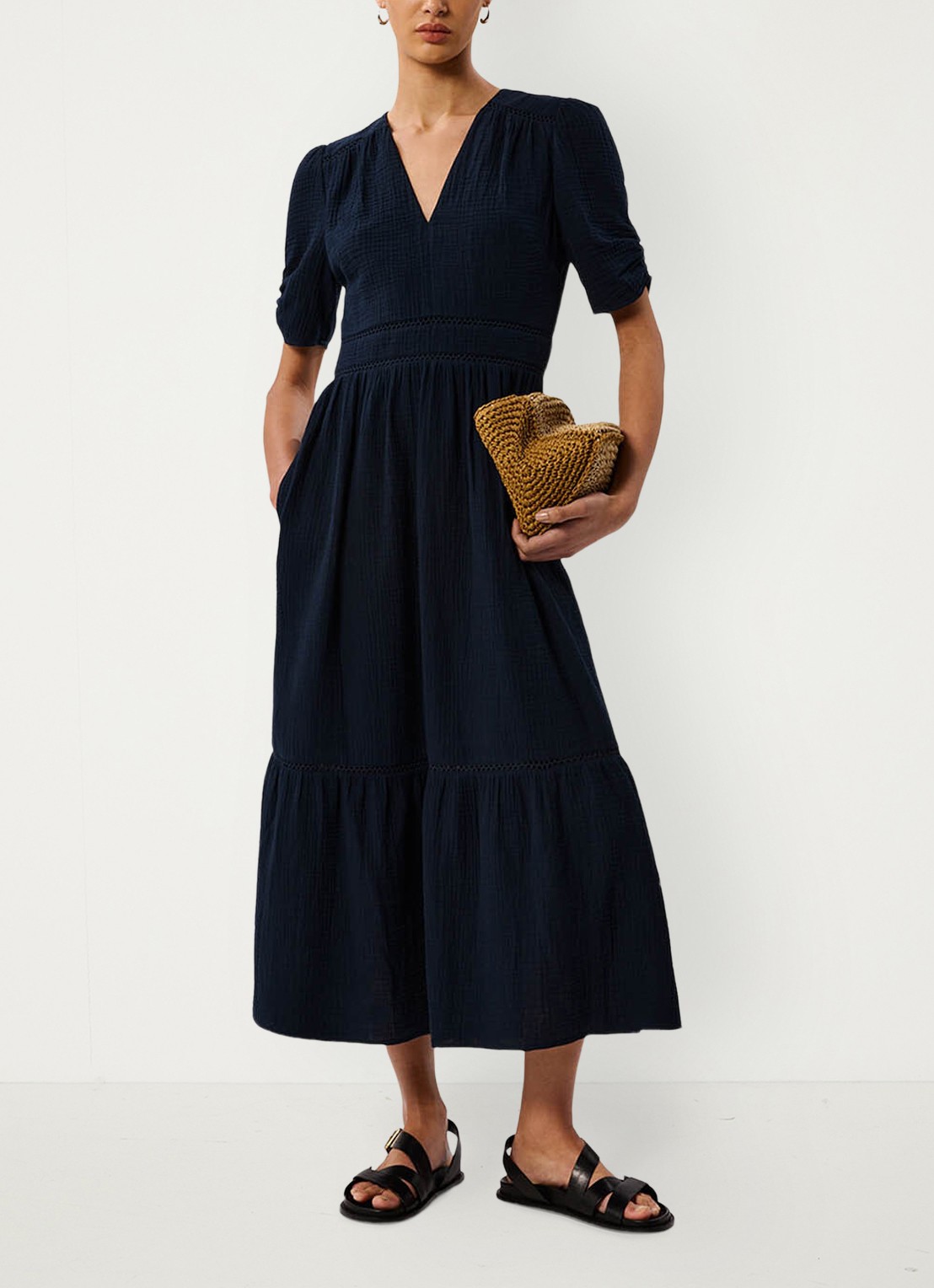 Whistles Midi jurk met plooien en steekzakken - voorkant 2 donkerblauw