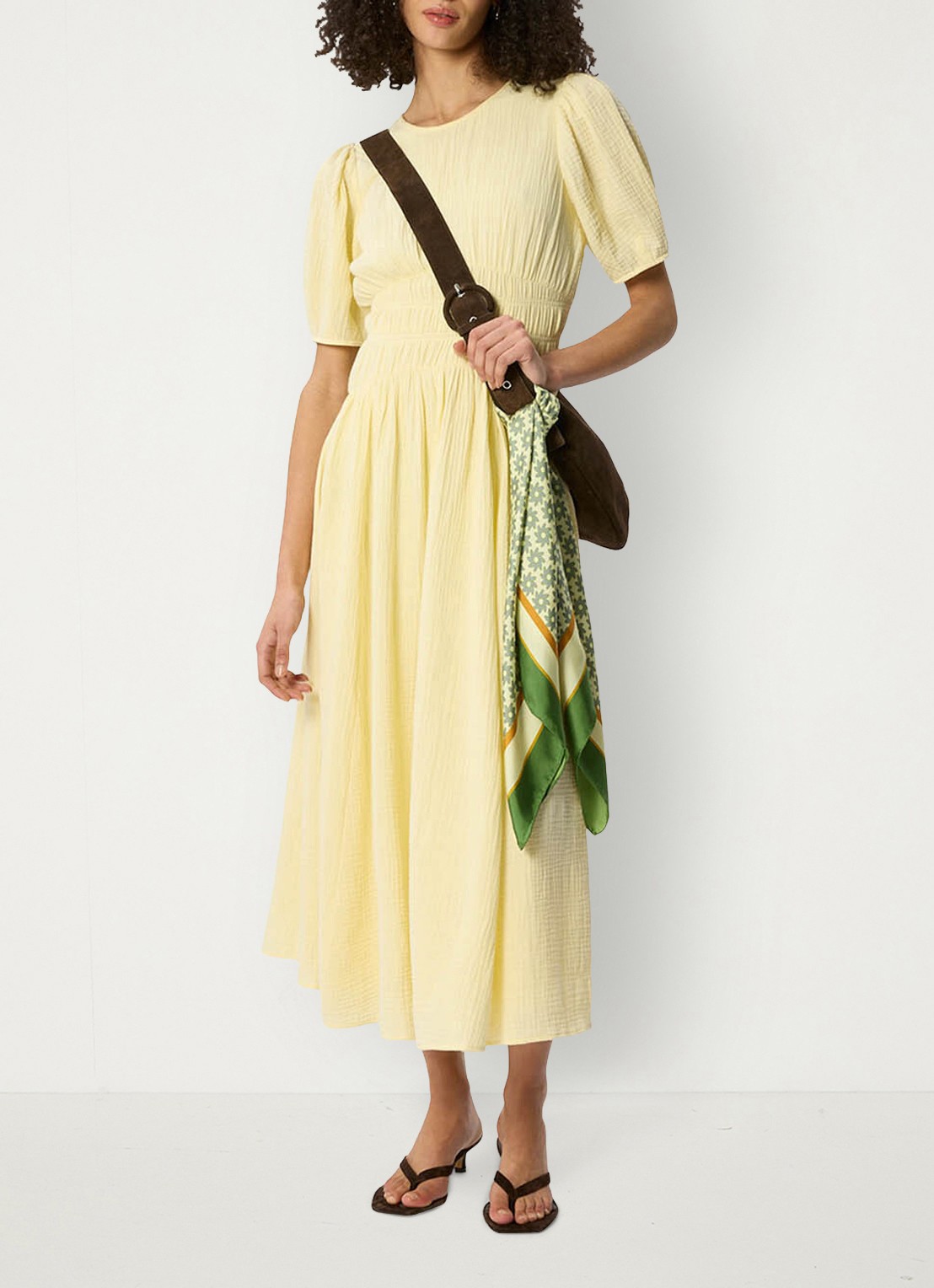 Whistles Midi jurk met structuur en pofmouw - voorkant 3 geel