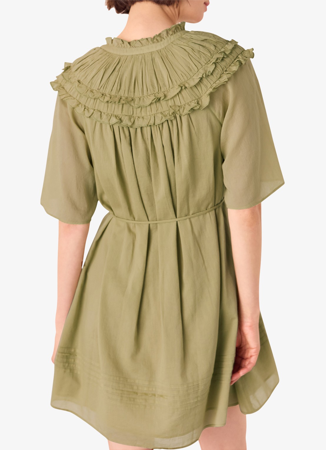 Whistles Mini tuniekjurk met smockwerk en ruches - achterkant khaki