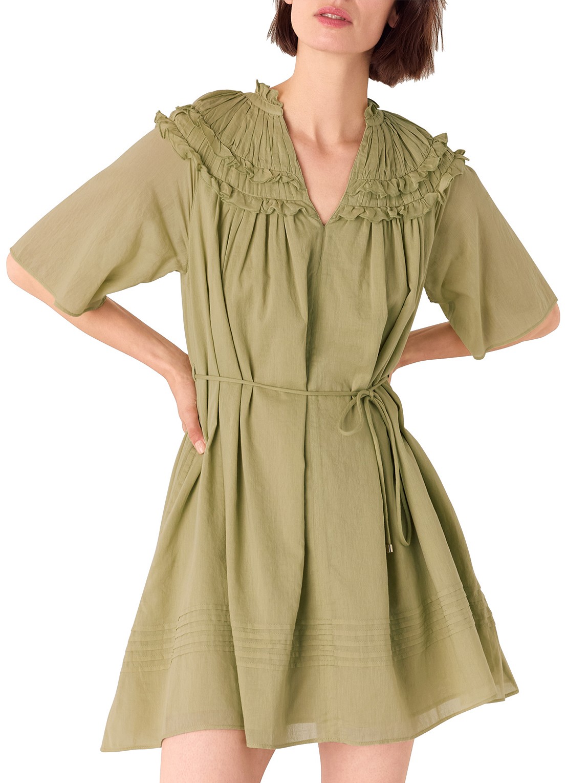 Whistles Mini tuniekjurk met smockwerk en ruches - detail 4 khaki