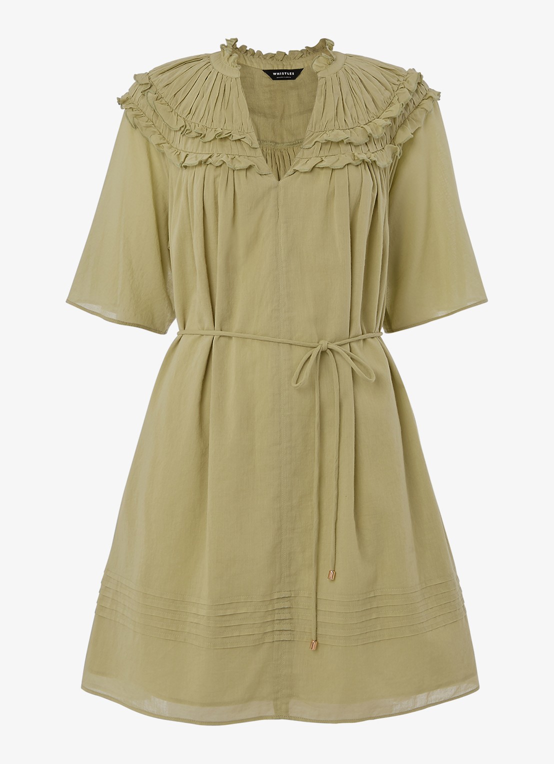 Whistles Mini tuniekjurk met smockwerk en ruches - voorkant 2 khaki