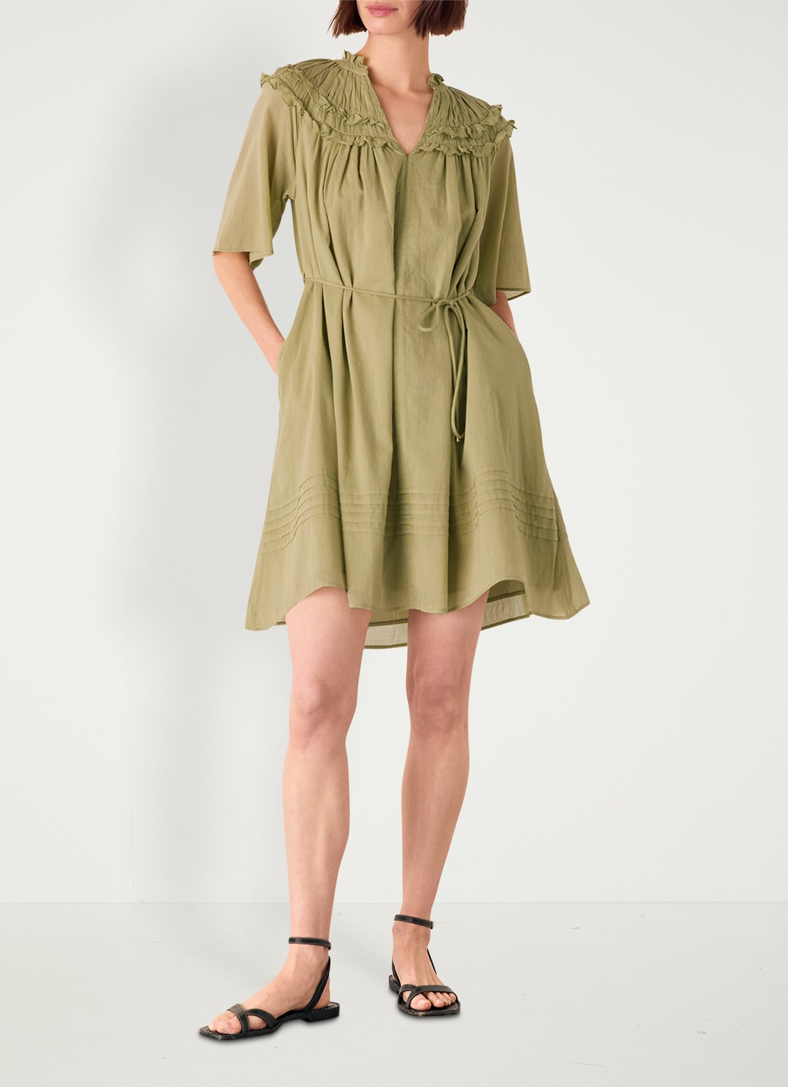 Whistles Mini tuniekjurk met smockwerk en ruches - voorkant 3 khaki