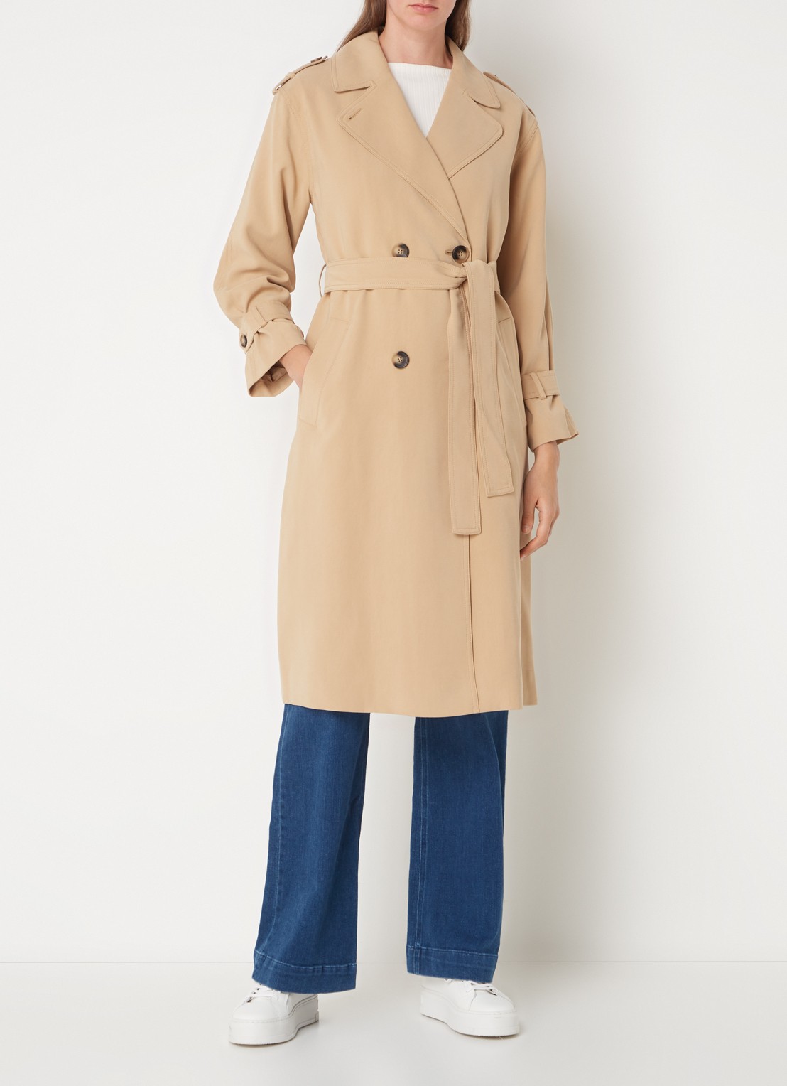 Whistles Riley double-breasted trenchcoat met ceintuur - detail beige
