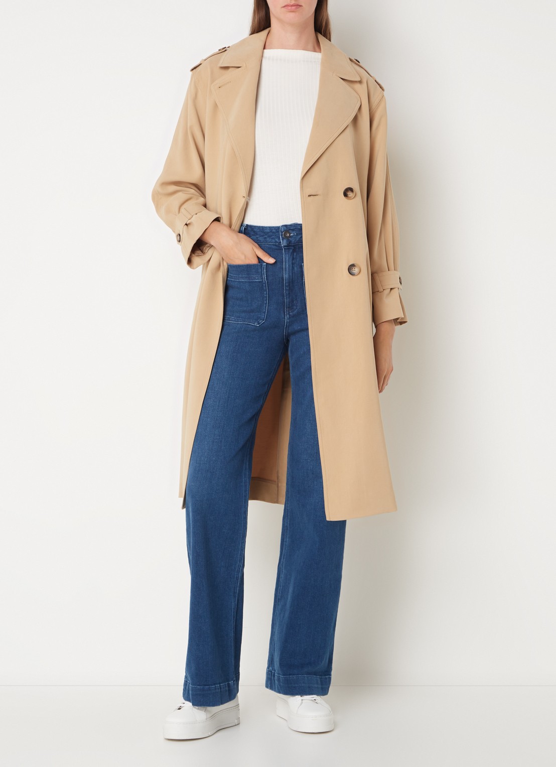 Whistles Riley double-breasted trenchcoat met ceintuur - voorkant 4 beige